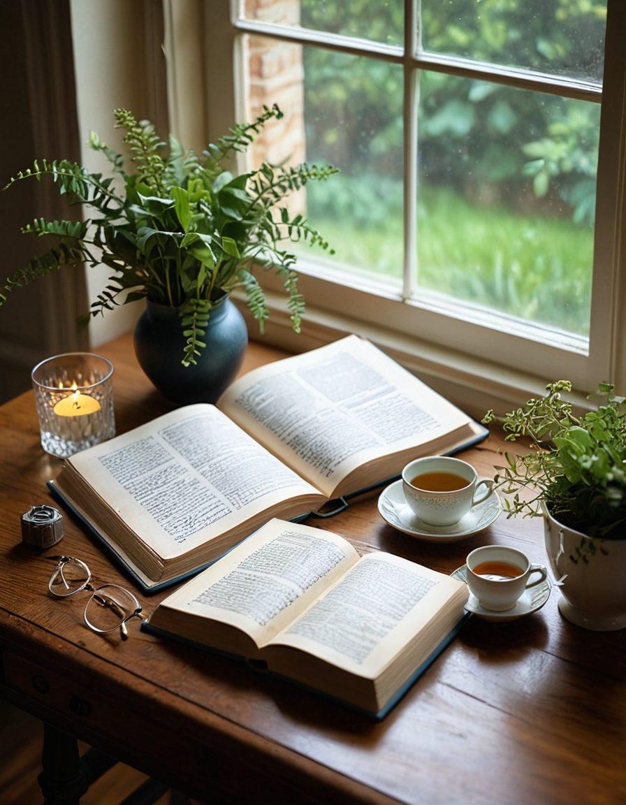 A beautifully arranged desk scene showcasing an open vintage grammar book surrounded by elegant stationery, a steaming cup of tea, and a blooming plant. In the background, a soft, inviting light filters through a window, illuminating the words on the pages and the peaceful atmosphere. The overall composition should exude warmth and inspiration, encouraging the viewer to dive into the art of communication. super-realistic. vibrant colors. soft focus.