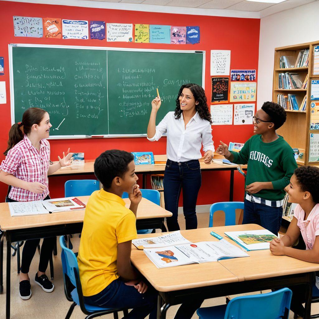 A vibrant classroom scene showcasing diverse students engaged in learning English grammar through creative communication techniques. One student is writing on a colorful chalkboard filled with grammar rules, while another uses visual aids and props to explain concepts. The atmosphere is lively, filled with books, posters of famous writers, and interactive elements like speech bubbles illustrating effective communication. Comic-style accents and bright colors add a playful touch to the learning environment. super-realistic. vibrant colors. painting.