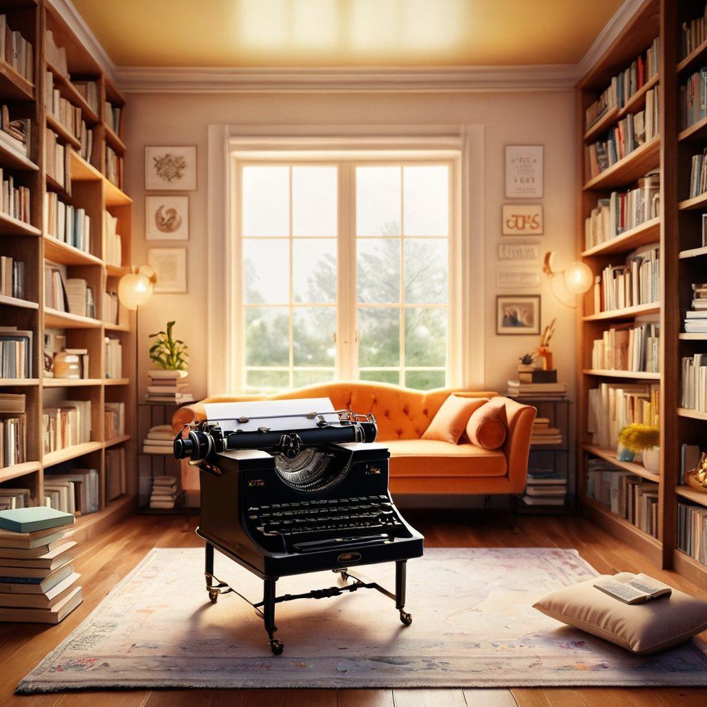 A captivating scene of a vintage typewriter surrounded by glowing letters and symbols dancing in the air, symbolizing creativity and clarity in writing. In the background, a serene library filled with books, soft light illuminating pages, and a cozy reading nook. Emphasize warmth and inspiration through vibrant colors and whimsical elements. watercolor painting. vibrant colors. soft focus.